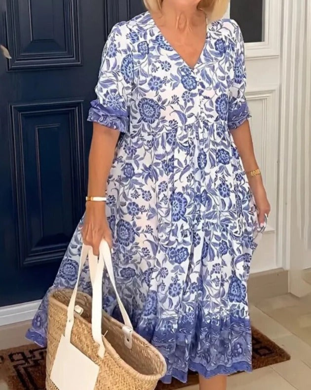 Abito lungo da donna Floresia - Elegante e comodo abito floreale con scollo a V per l'estate