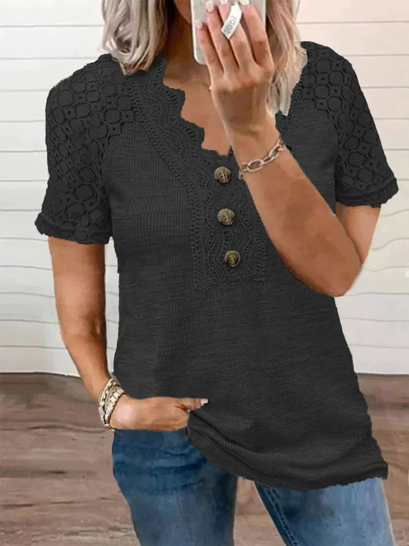 Maglietta da donna Chandy con dettagli in pizzo - Manica corta in cotone leggero per primavera ed estate
