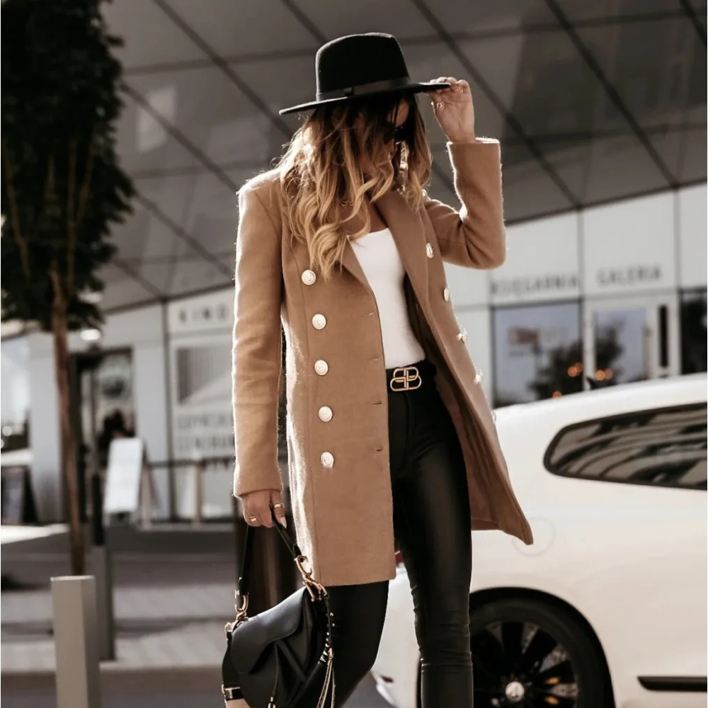 Gracelynn Trench Coat Réversible en Mélange de Laine pour Femme – Manteau Long Élégant avec Boutons Argentés