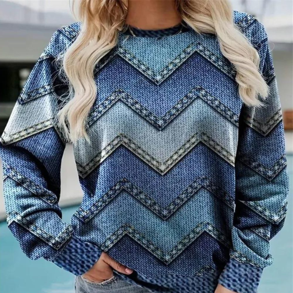 Elysia Zigzag Pattern Sweater for Women – Soft, Breathable, and Warm Top with Casual Fit & Denim Print