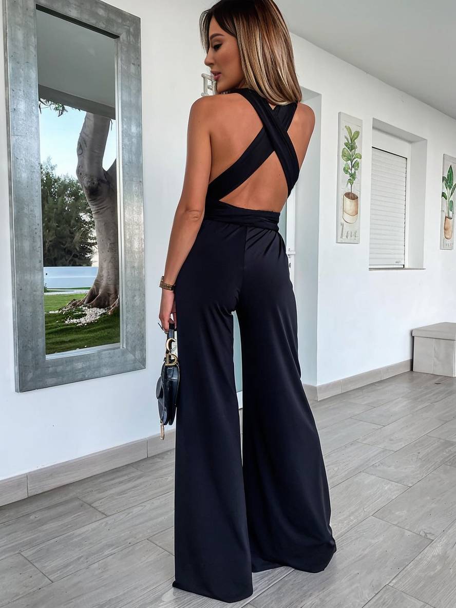 Tuta da donna Adlai - Eleganti pantaloni a gamba larga con schiena scoperta e fasciatura incrociata per matrimonio
