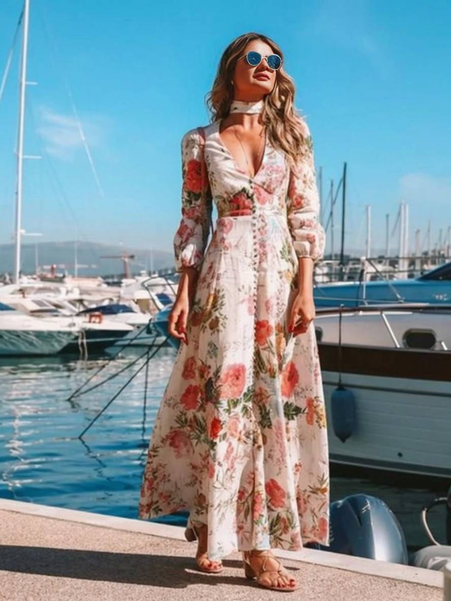 Abito bohémien da donna Sarina - Abito lungo bianco floreale con scollo a V, bottoni e maniche lunghe