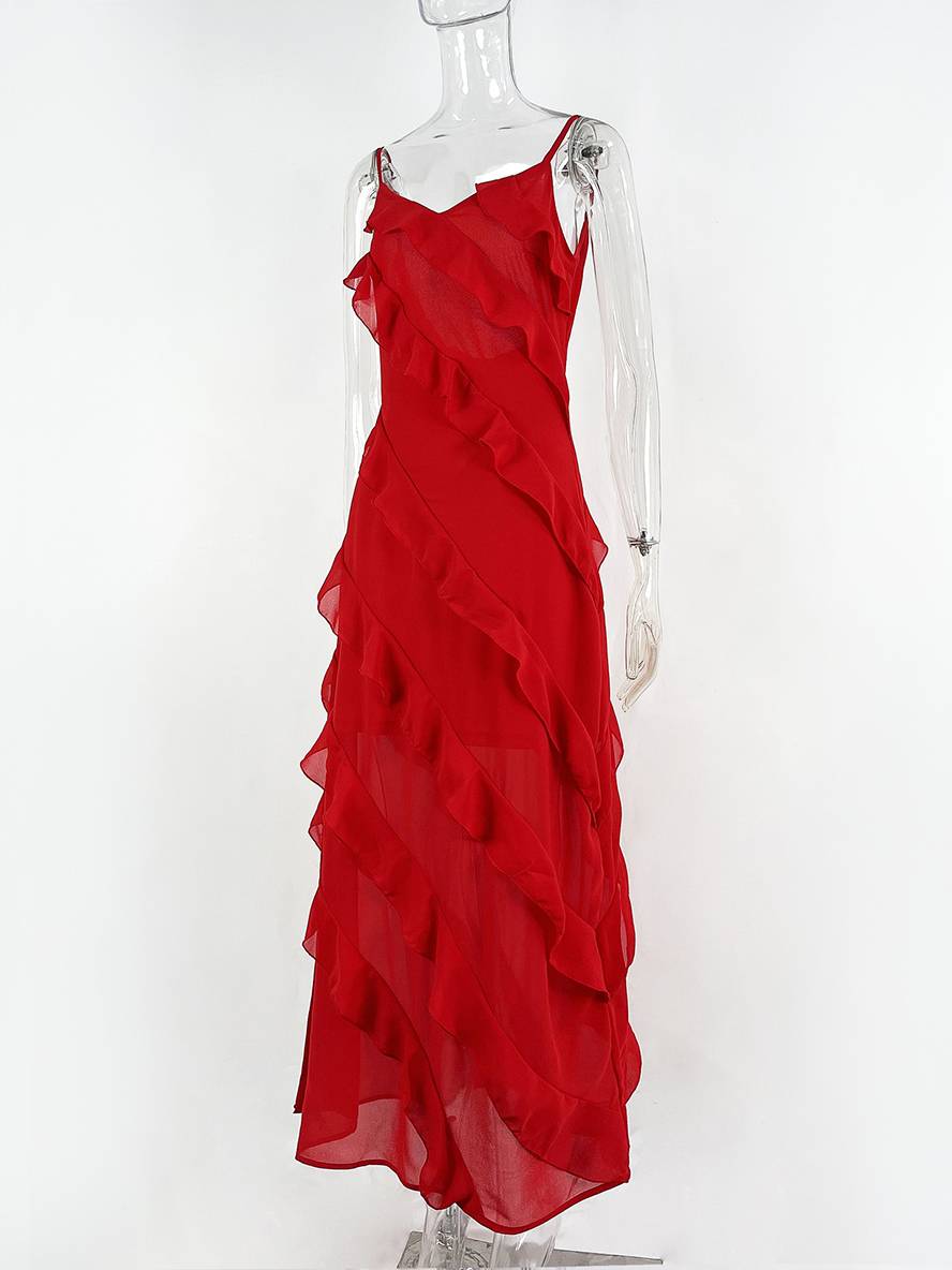 Abito da sera da donna Heaven - Abito lungo aderente in chiffon con spalline sottili e spacco