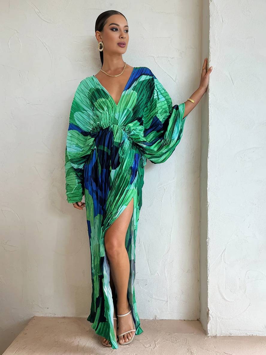 Abito da donna Jerica - Abito lungo tropicale ampio con maniche a pipistrello ed elegante spacco