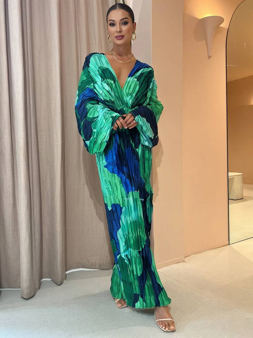 Abito da donna Jerica - Abito lungo tropicale ampio con maniche a pipistrello ed elegante spacco