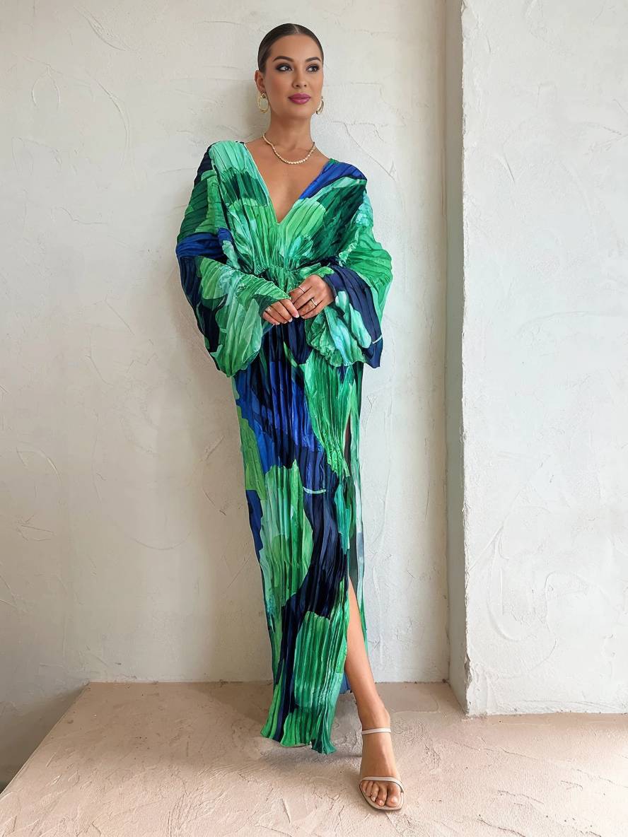 Abito da donna Jerica - Abito lungo tropicale ampio con maniche a pipistrello ed elegante spacco