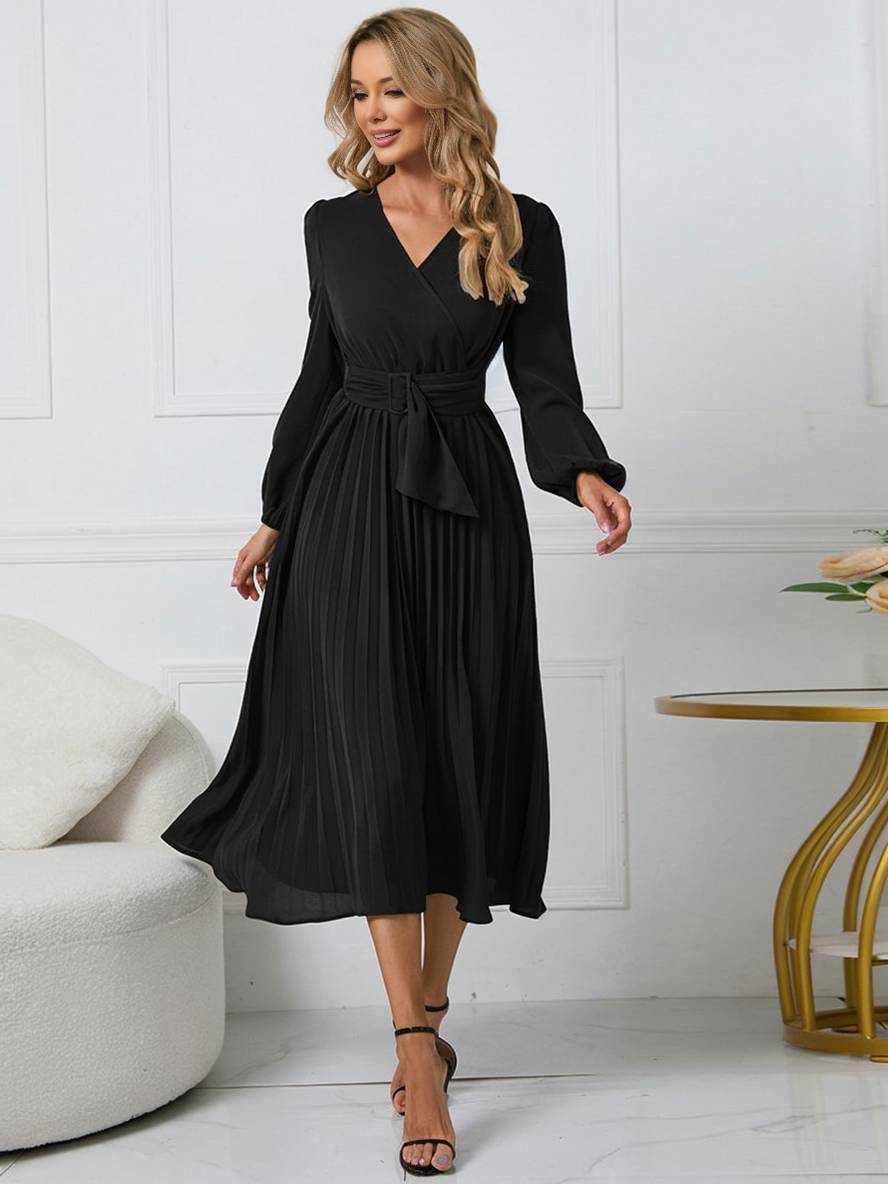 Abito da donna Shiela - Abito lungo a trapezio plissettato con cintura ed eleganti maniche lunghe