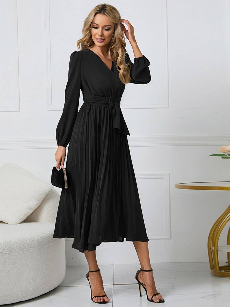 Abito da donna Shiela - Abito lungo a trapezio plissettato con cintura ed eleganti maniche lunghe