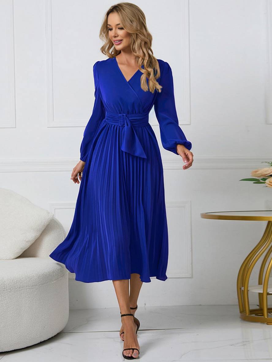 Abito da donna Shiela - Abito lungo a trapezio plissettato con cintura ed eleganti maniche lunghe