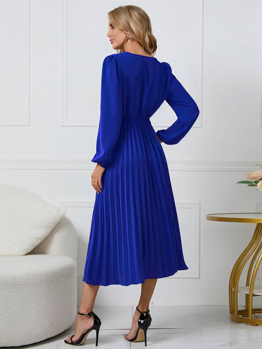 Abito da donna Shiela - Abito lungo a trapezio plissettato con cintura ed eleganti maniche lunghe