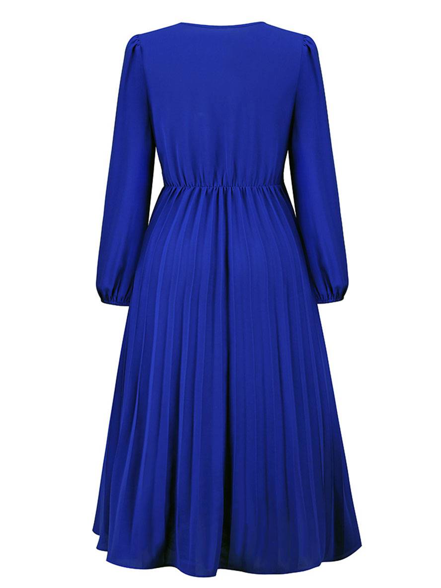 Abito da donna Shiela - Abito lungo a trapezio plissettato con cintura ed eleganti maniche lunghe