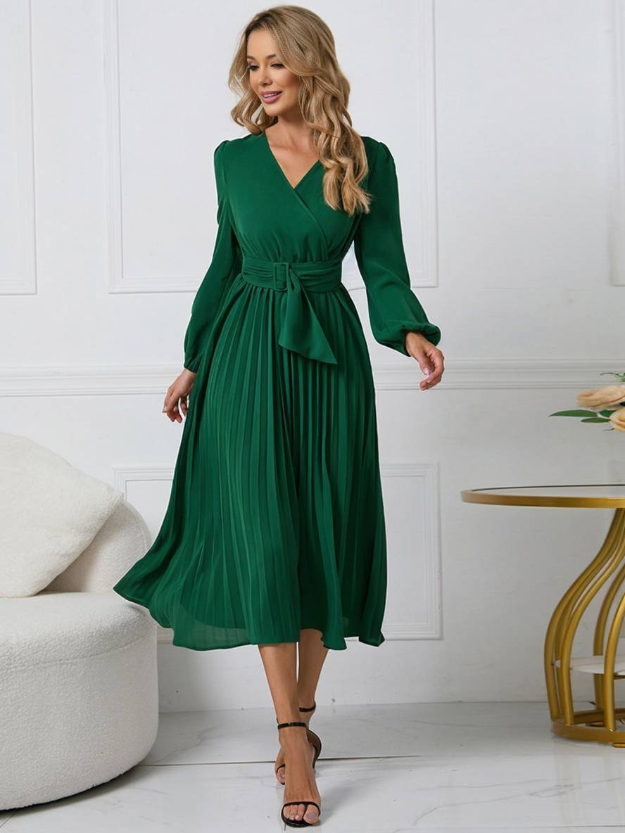 Abito da donna Shiela - Abito lungo a trapezio plissettato con cintura ed eleganti maniche lunghe