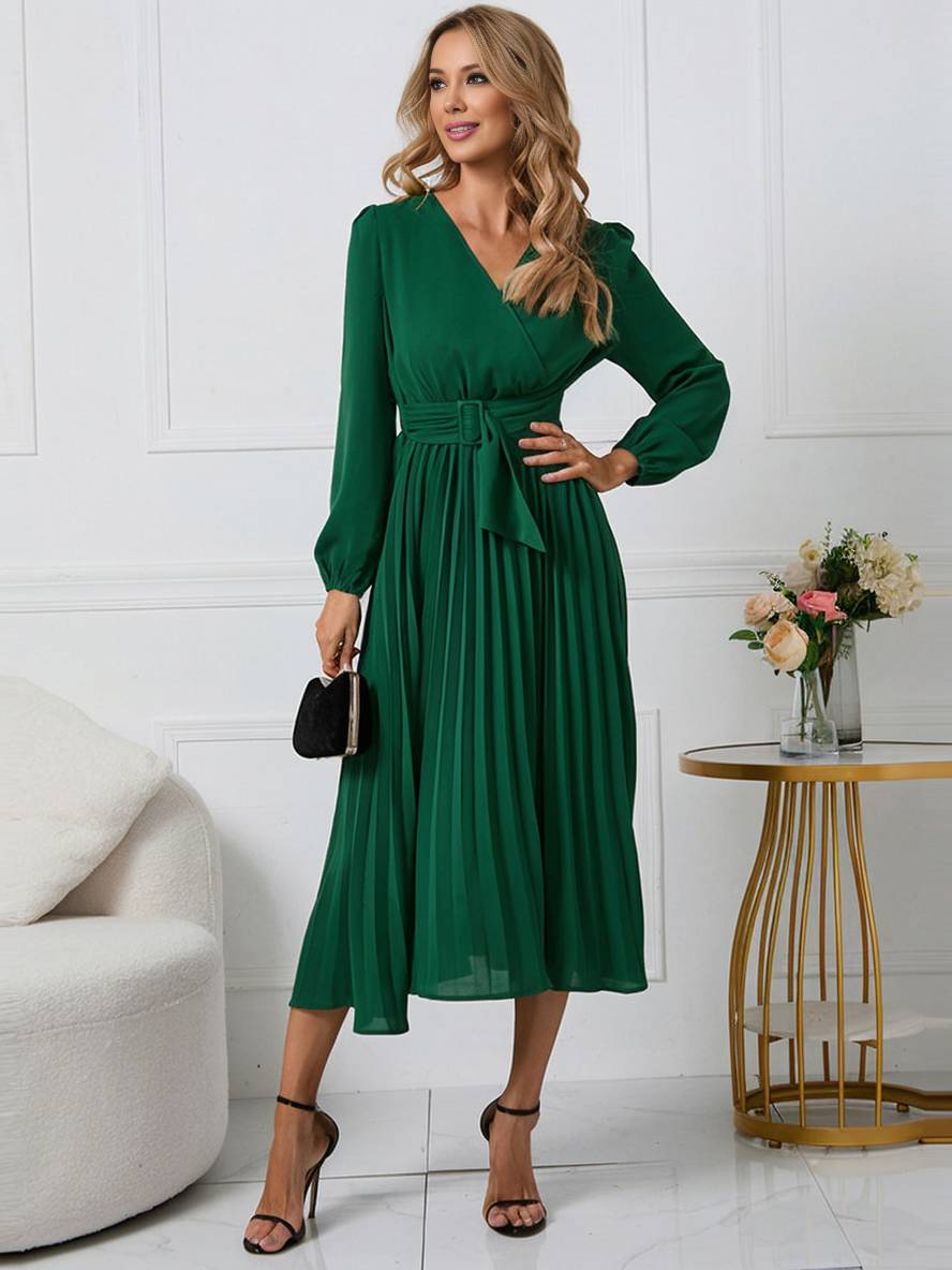 Abito da donna Shiela - Abito lungo a trapezio plissettato con cintura ed eleganti maniche lunghe
