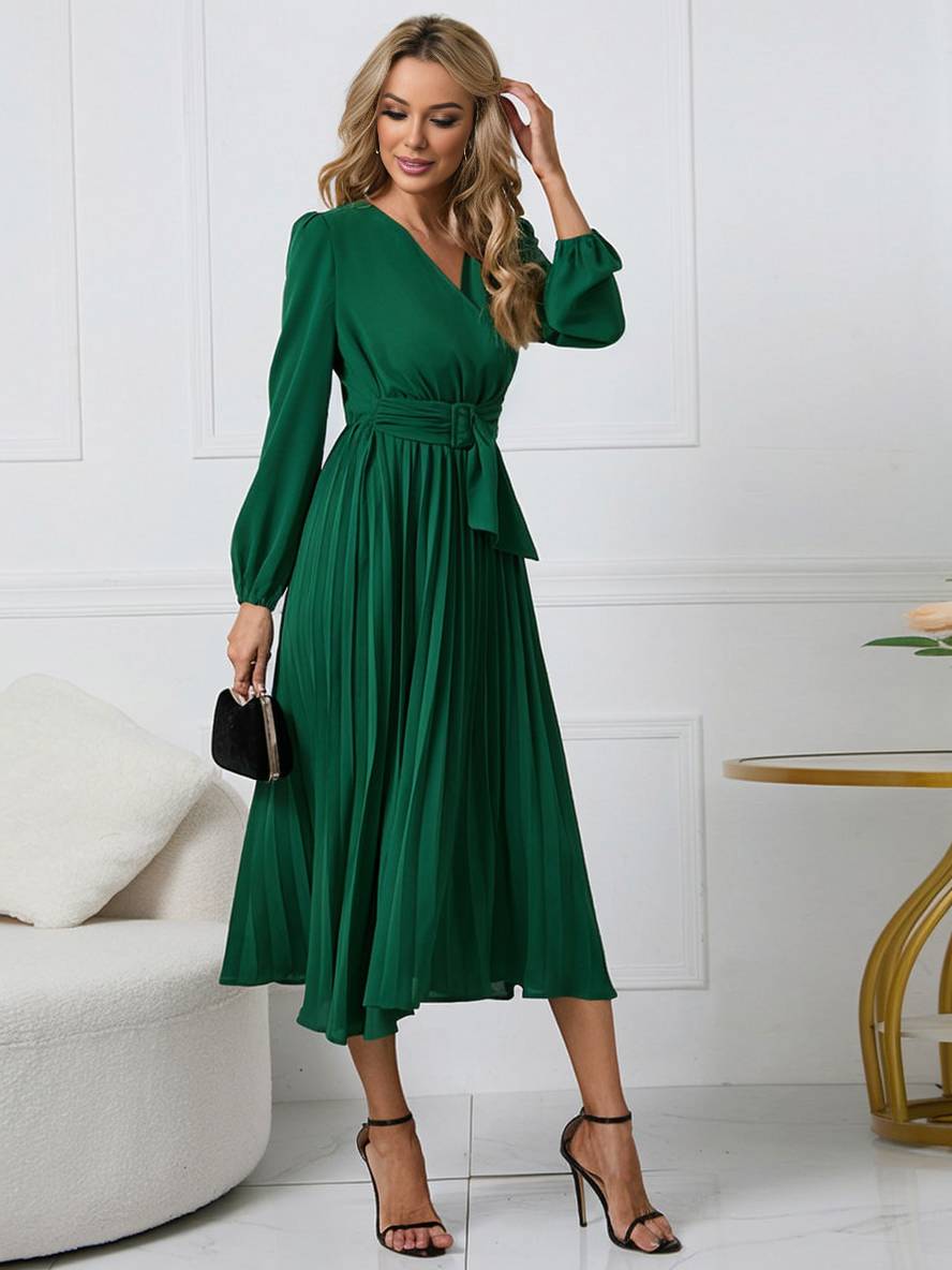 Abito da donna Shiela - Abito lungo a trapezio plissettato con cintura ed eleganti maniche lunghe