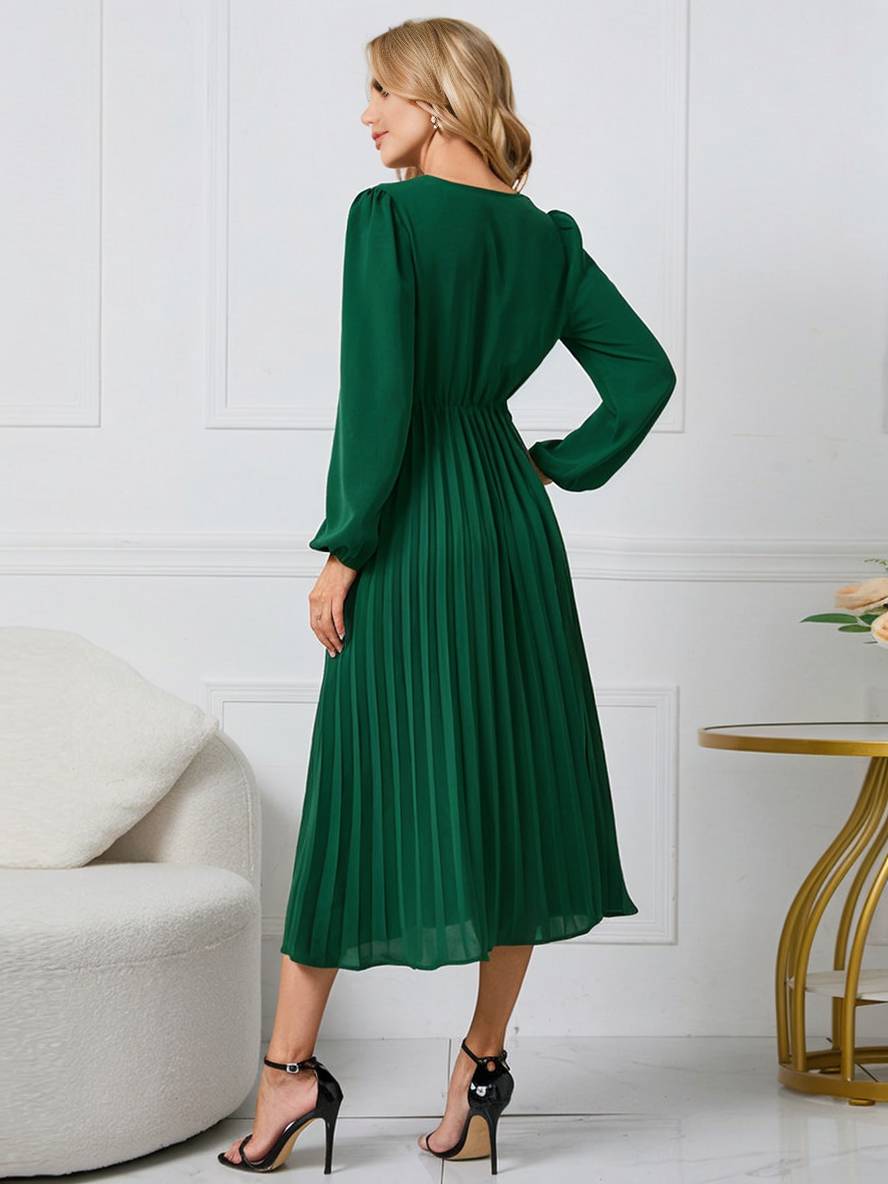 Abito da donna Shiela - Abito lungo a trapezio plissettato con cintura ed eleganti maniche lunghe