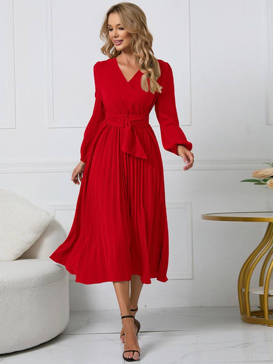 Abito da donna Shiela - Abito lungo a trapezio plissettato con cintura ed eleganti maniche lunghe
