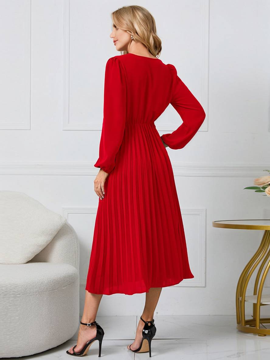 Abito da donna Shiela - Abito lungo a trapezio plissettato con cintura ed eleganti maniche lunghe