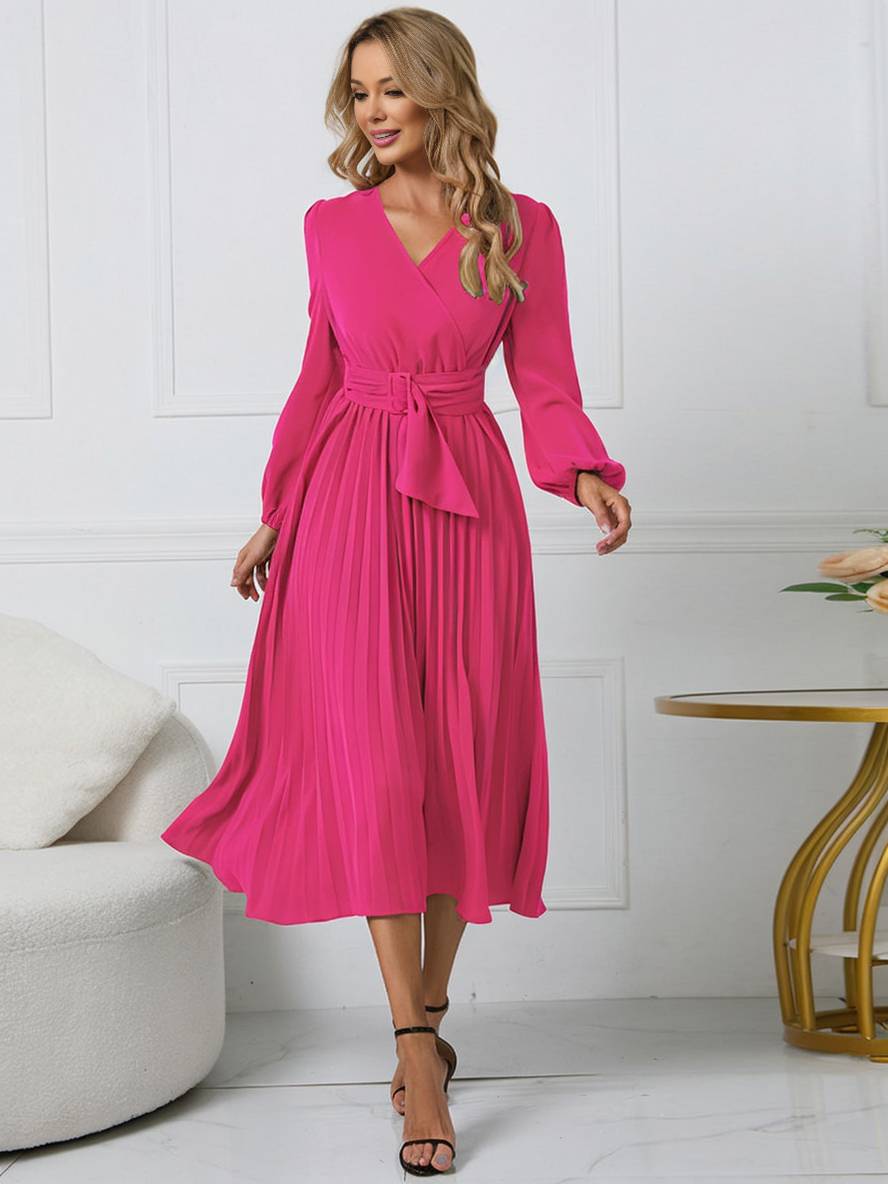 Abito da donna Shiela - Abito lungo a trapezio plissettato con cintura ed eleganti maniche lunghe