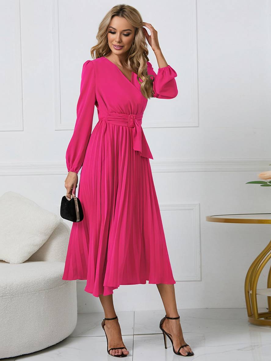 Abito da donna Shiela - Abito lungo a trapezio plissettato con cintura ed eleganti maniche lunghe