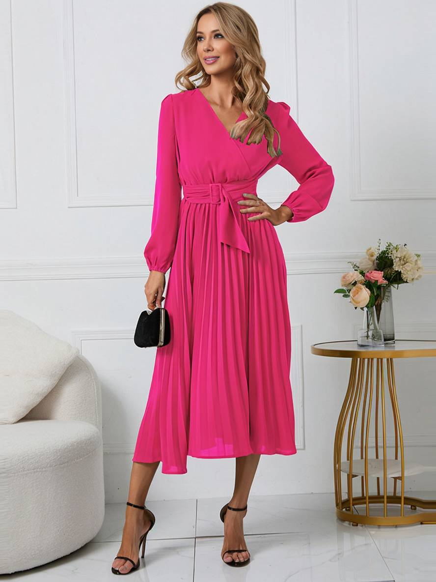 Abito da donna Shiela - Abito lungo a trapezio plissettato con cintura ed eleganti maniche lunghe