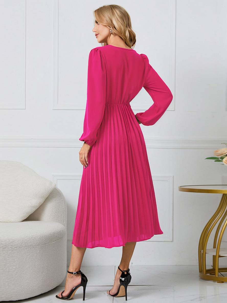 Abito da donna Shiela - Abito lungo a trapezio plissettato con cintura ed eleganti maniche lunghe