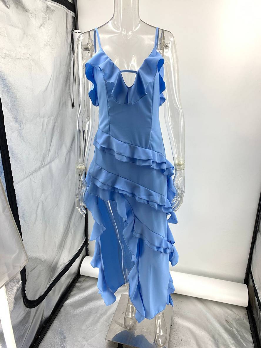 Abito lungo da donna Jade - Abito da spiaggia con spacchi, volant, spalline sottili e scollo a V