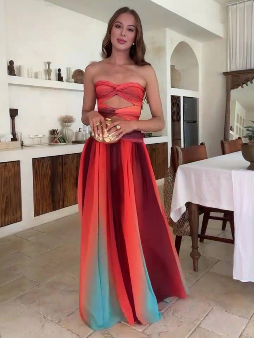 Abito lungo da donna Janica - Elegante e estivo, bustier senza maniche in chiffon sfumato