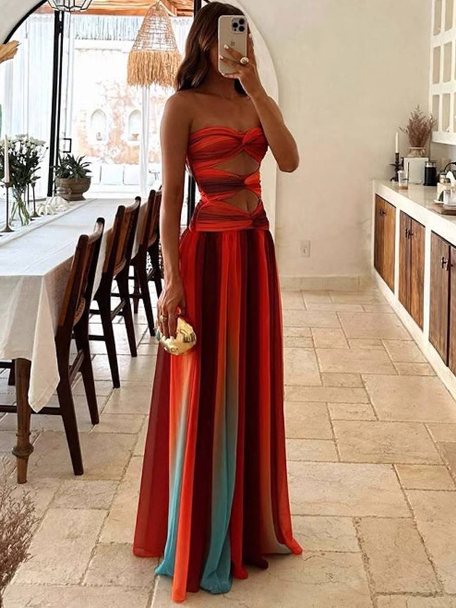 Abito lungo da donna Janica - Elegante e estivo, bustier senza maniche in chiffon sfumato