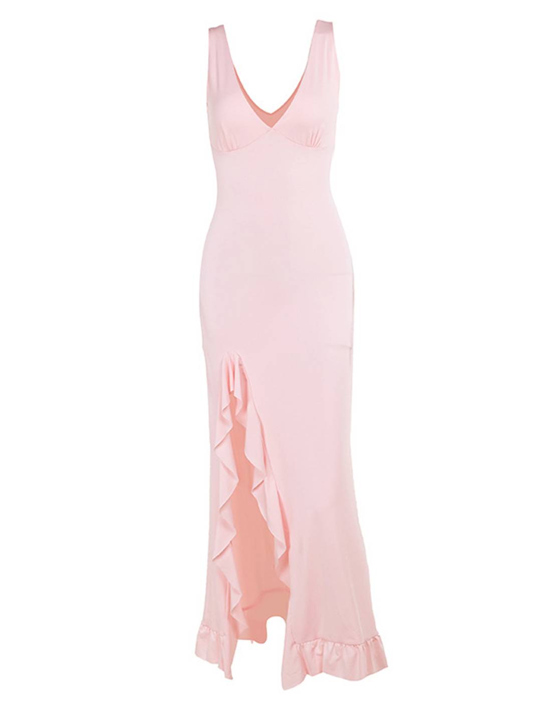 Abito lungo da donna Denise - Elegante abito aderente senza maniche con volant e spacco