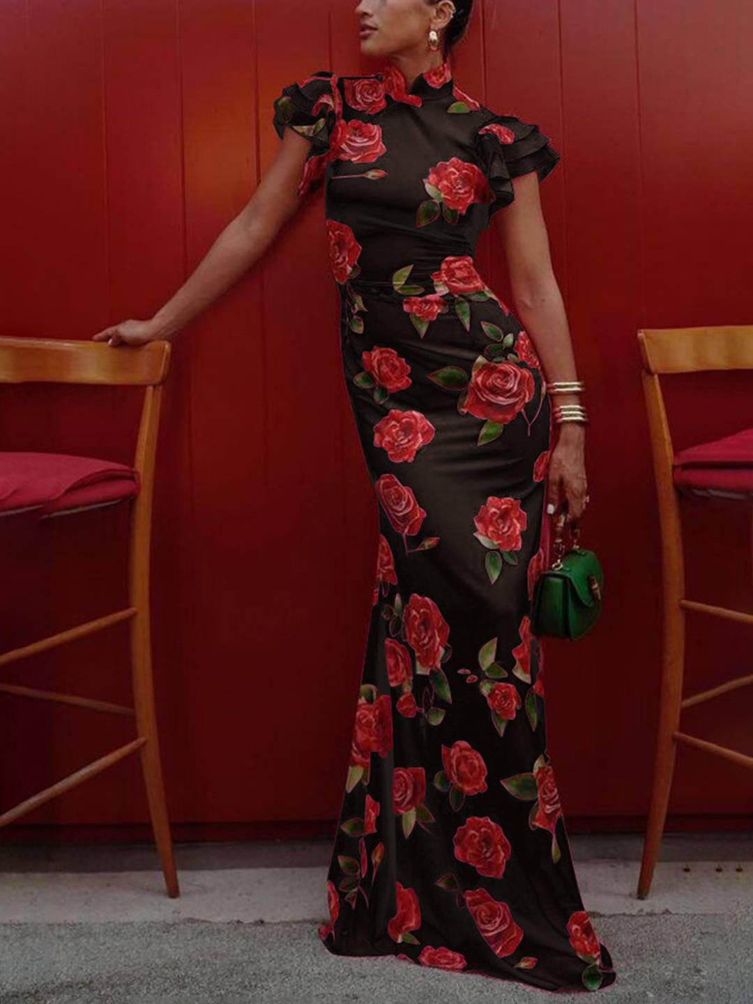 Abito da sera da donna Thalia - Elegante abito lungo floreale con volant, colletto alla coreana e bottoni