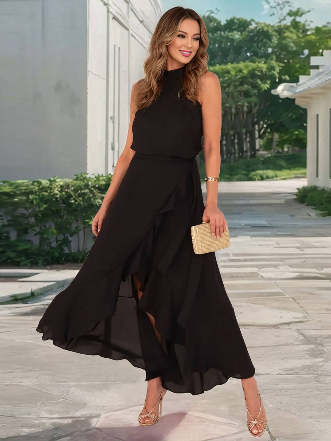 Abito da cocktail da donna Yachi - Abito lungo svasato con scollo all'americana, spacco e volant