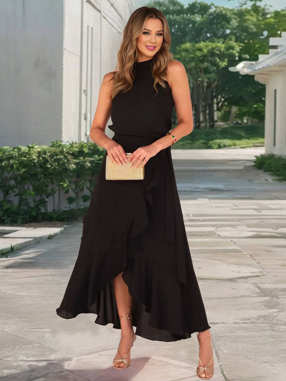 Abito da cocktail da donna Yachi - Abito lungo svasato con scollo all'americana, spacco e volant