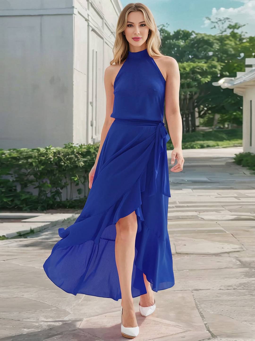 Abito da cocktail da donna Yachi - Abito lungo svasato con scollo all'americana, spacco e volant