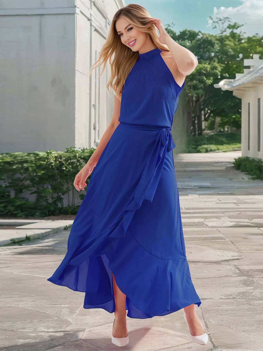 Abito da cocktail da donna Yachi - Abito lungo svasato con scollo all'americana, spacco e volant