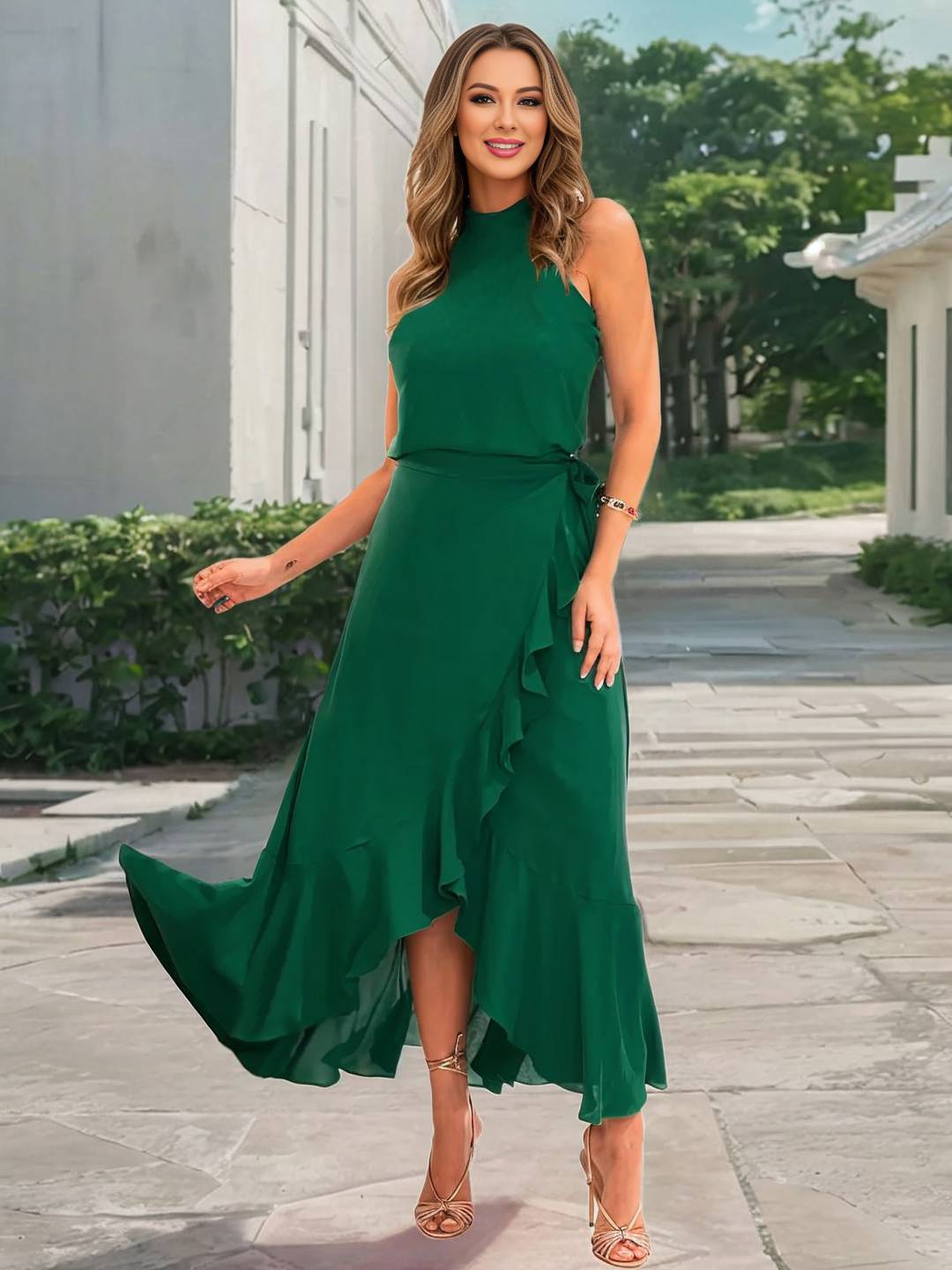 Abito da cocktail da donna Yachi - Abito lungo svasato con scollo all'americana, spacco e volant
