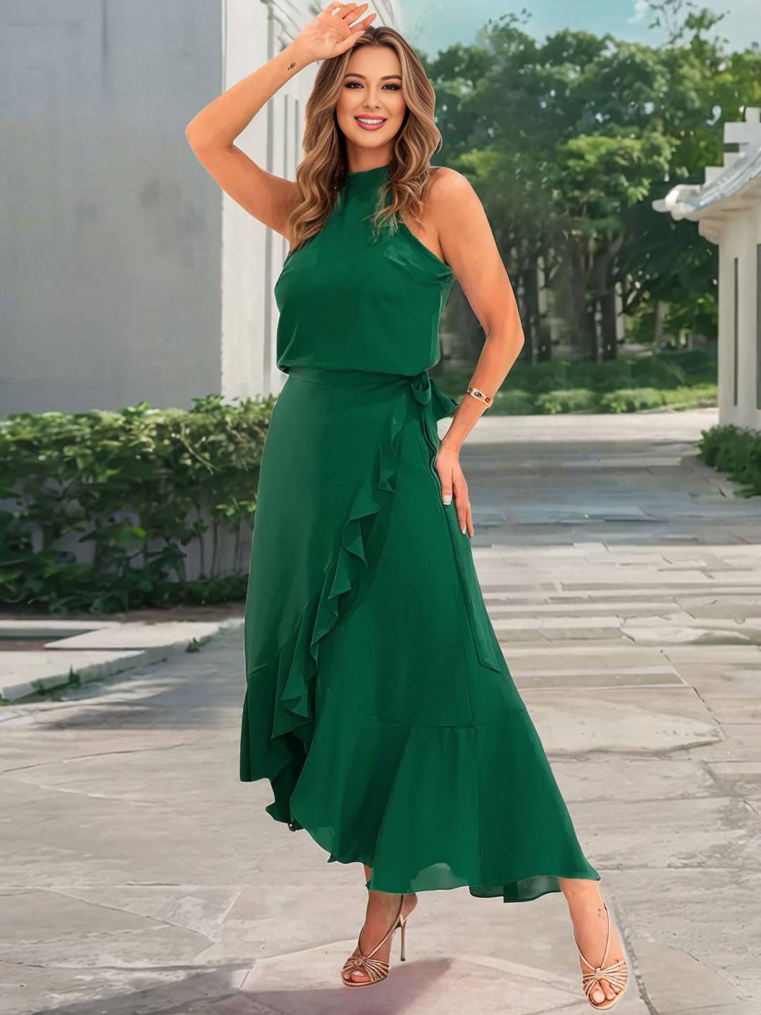 Abito da cocktail da donna Yachi - Abito lungo svasato con scollo all'americana, spacco e volant