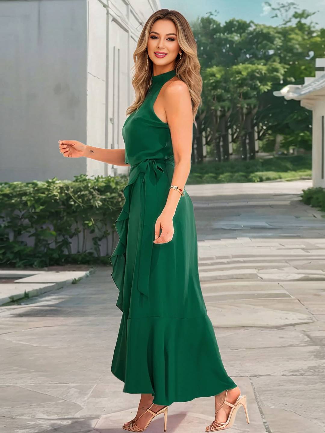 Abito da cocktail da donna Yachi - Abito lungo svasato con scollo all'americana, spacco e volant