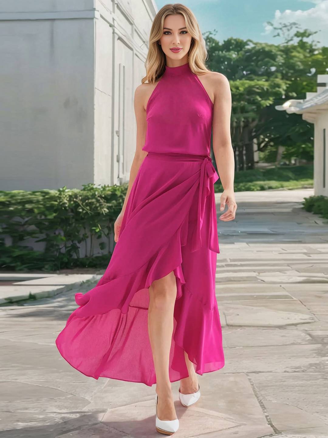 Abito da cocktail da donna Yachi - Abito lungo svasato con scollo all'americana, spacco e volant