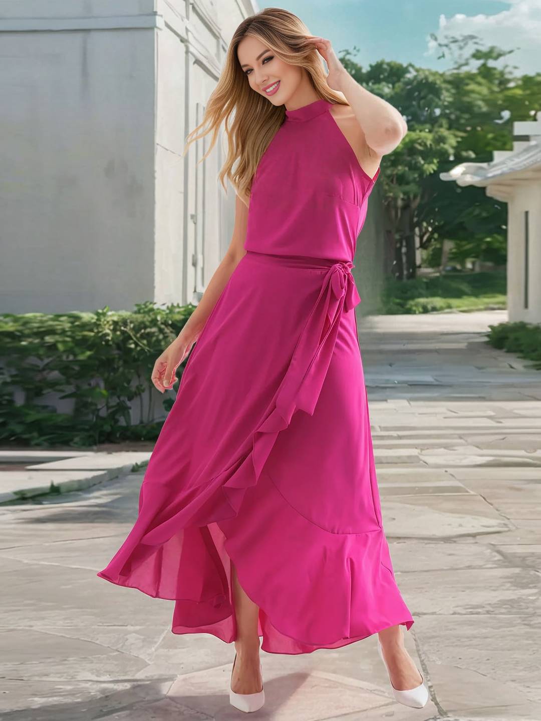 Abito da cocktail da donna Yachi - Abito lungo svasato con scollo all'americana, spacco e volant