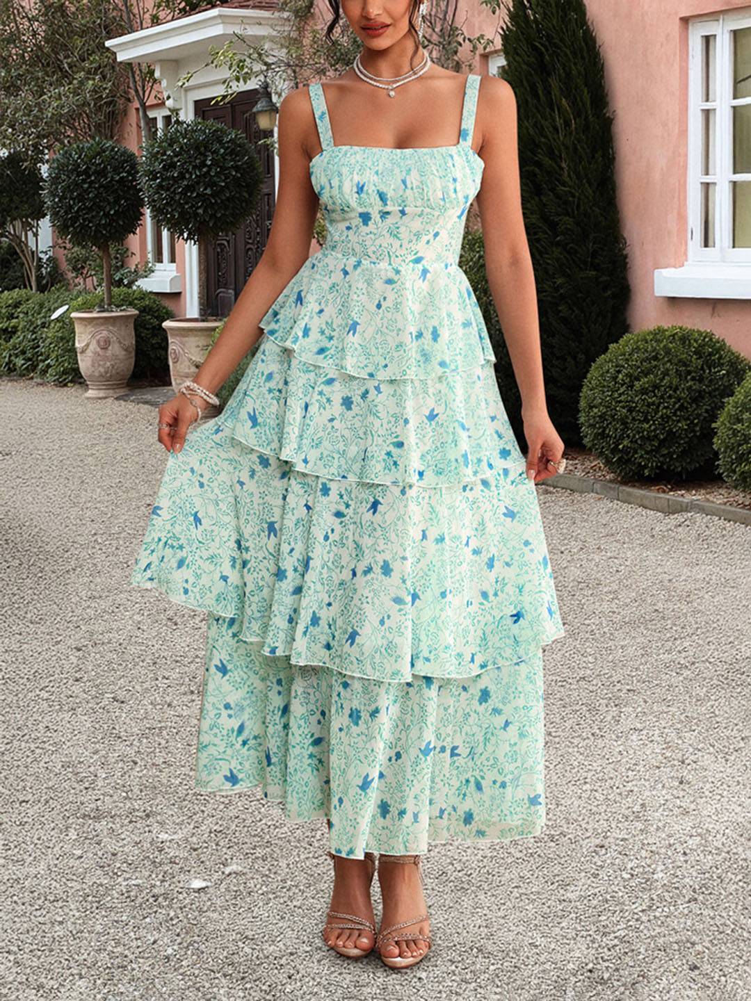 Abito estivo da donna Valentina – Abito lungo in chiffon floreale con volant e spalline sottili