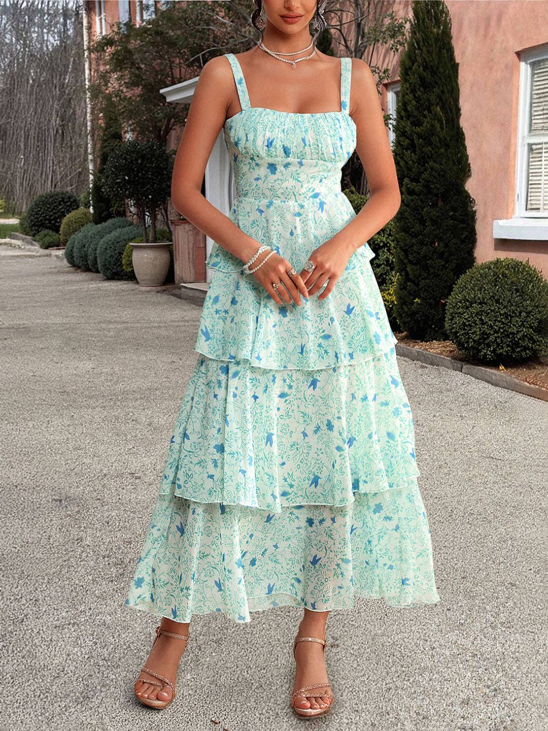 Abito estivo da donna Valentina – Abito lungo in chiffon floreale con volant e spalline sottili