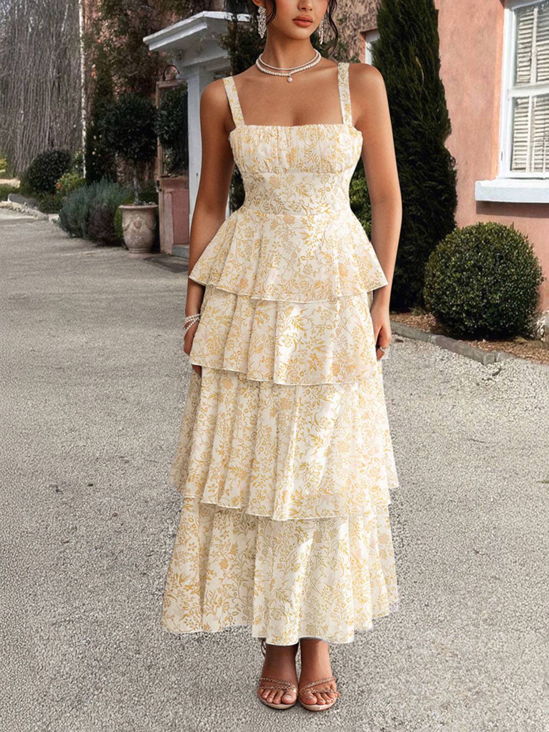 Abito estivo da donna Valentina – Abito lungo in chiffon floreale con volant e spalline sottili