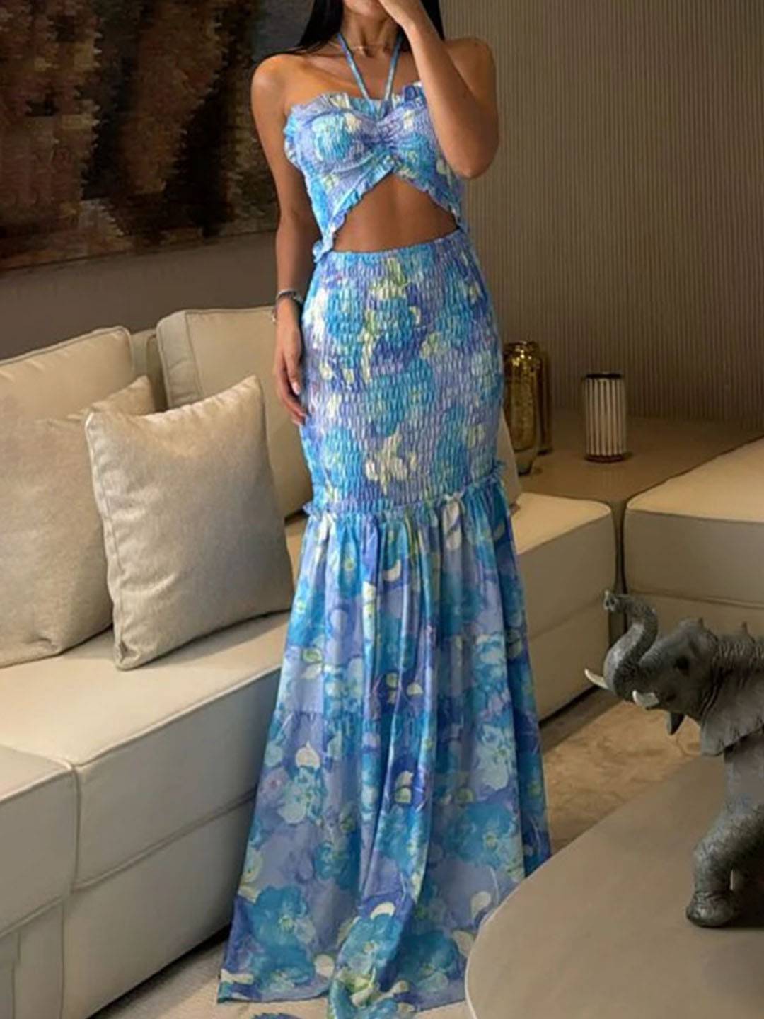 Abito estivo da donna Lucy - Abito lungo aderente senza maniche con stampa floreale e design con scollo all'americana