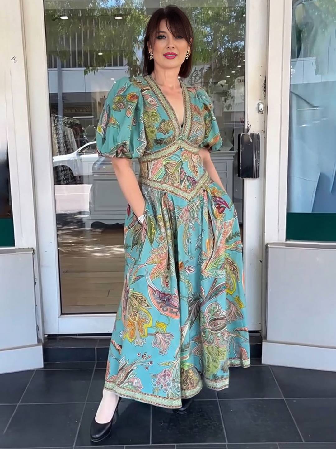 Abito lungo da donna Scarlett - Elegante abito floreale con scollo a V e maniche corte per feste e cerimonie