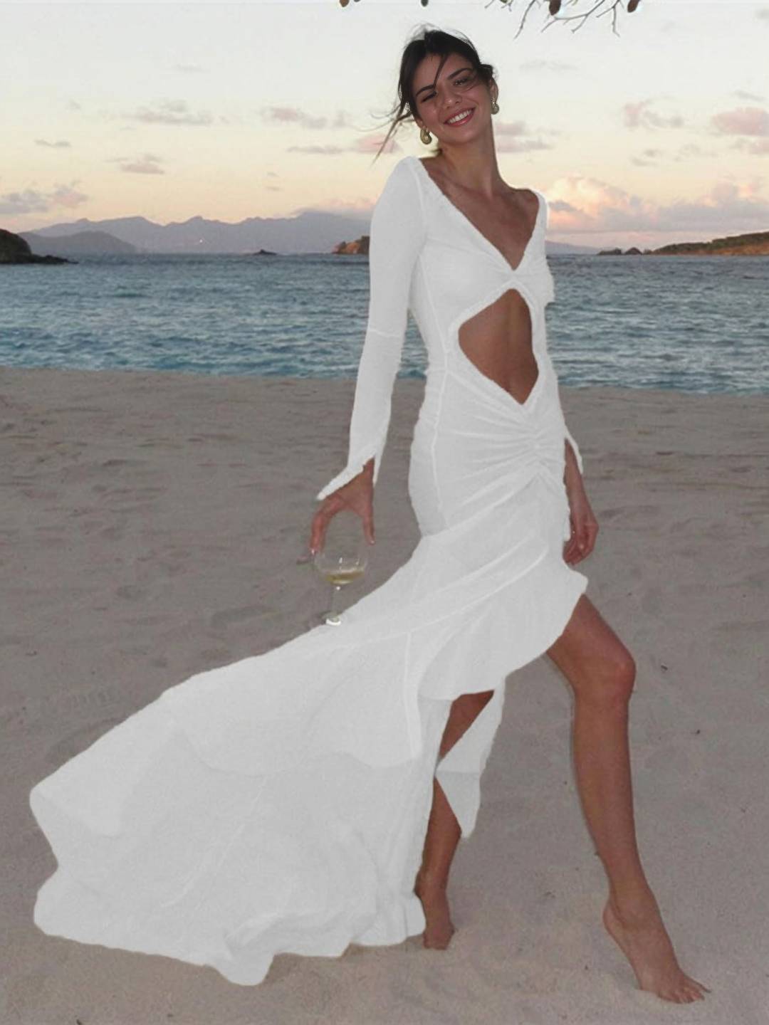 Abito da spiaggia da donna Kayliegh - Abito lungo aderente con scollo a V, spacco e maniche divise Boho