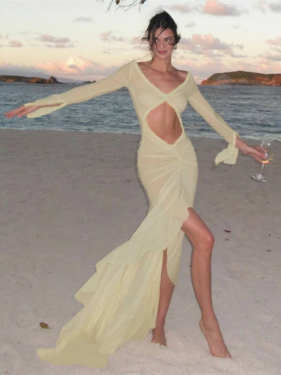 Abito da spiaggia da donna Kayliegh - Abito lungo aderente con scollo a V, spacco e maniche divise Boho