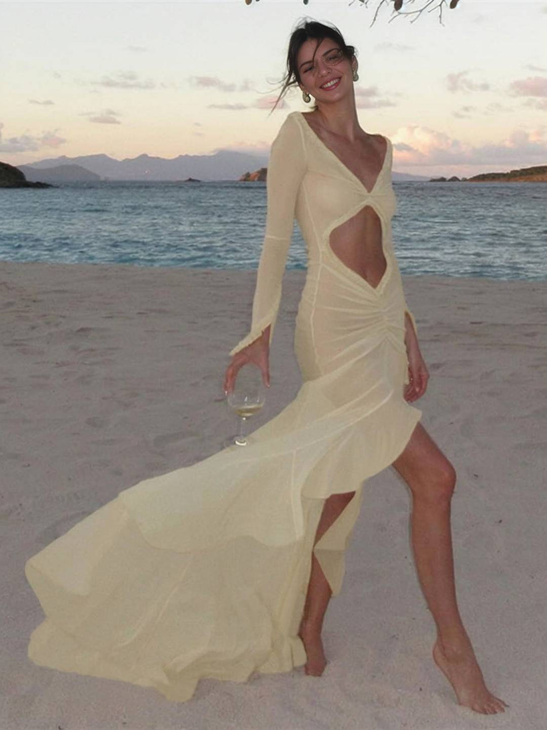Abito da spiaggia da donna Kayliegh - Abito lungo aderente con scollo a V, spacco e maniche divise Boho