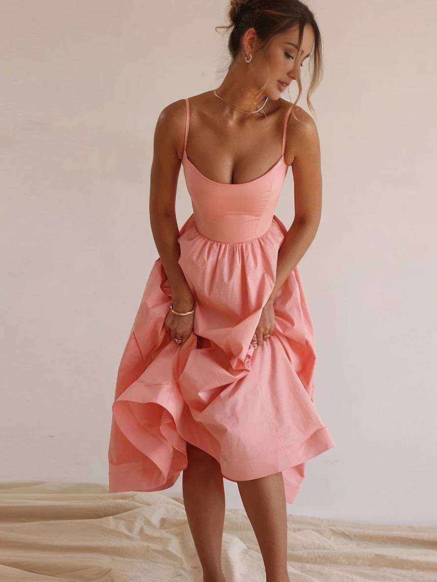 Abito da cocktail da donna Daisy - Abito midi a trapezio con bustier, spalline sottili e schiena scoperta