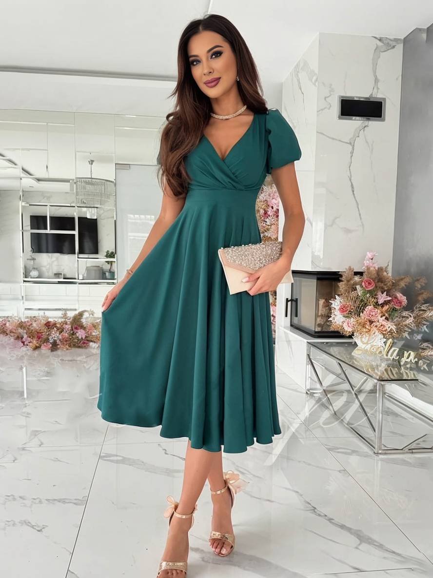Abito da donna Julie - Elegante abito da damigella con scollo a V, maniche corte a sbuffo e vestibilità fluida