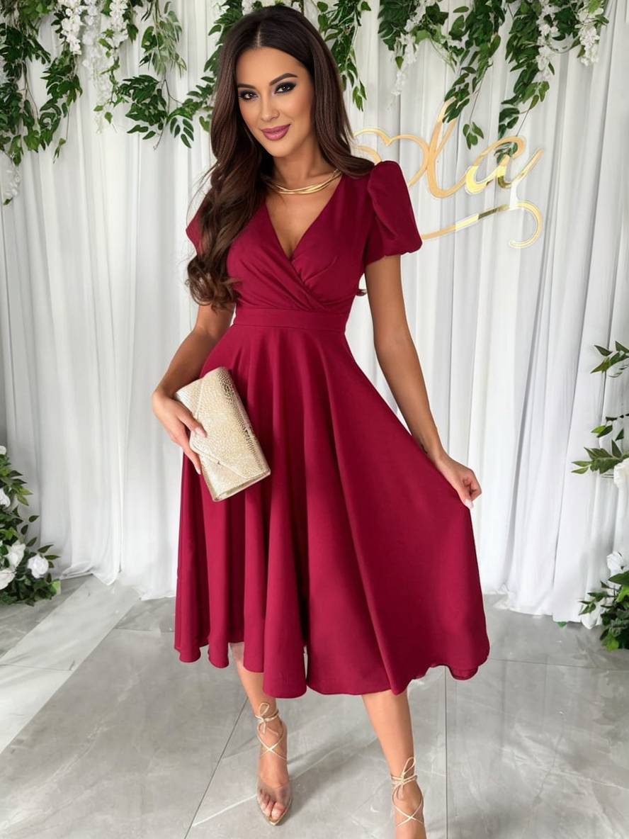 Abito da donna Julie - Elegante abito da damigella con scollo a V, maniche corte a sbuffo e vestibilità fluida